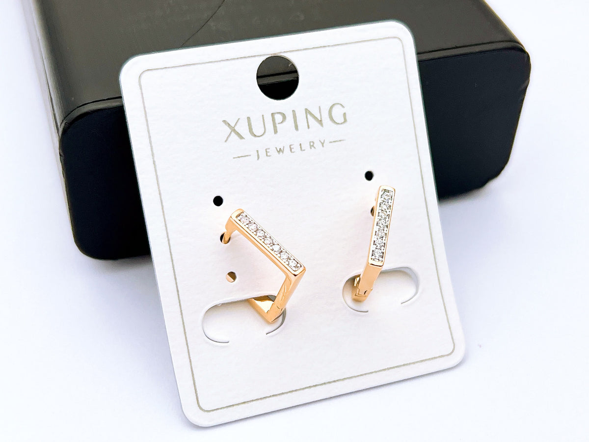 **Xuping Gold-Tone Crystal Bar Hoop Earrings – Minimal Rhinestone Huggie Earrings for Women**