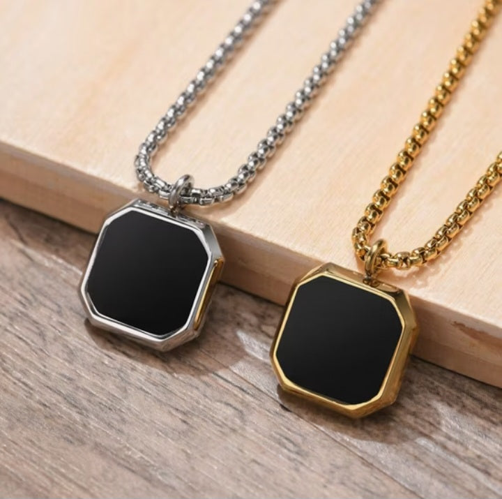 Men's Black Square Onyx Pendant Necklace – Stainless Steel titanium based Box Chain