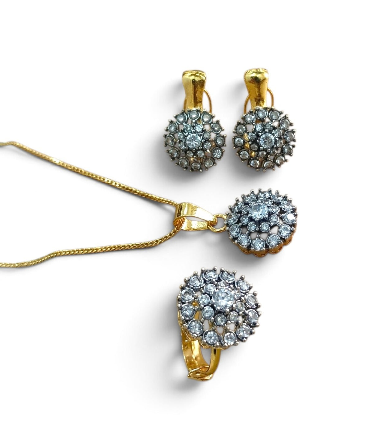 Elegant Gold-Tone Crystal Floral Jewelry Set – Necklace, Earrings & Ring