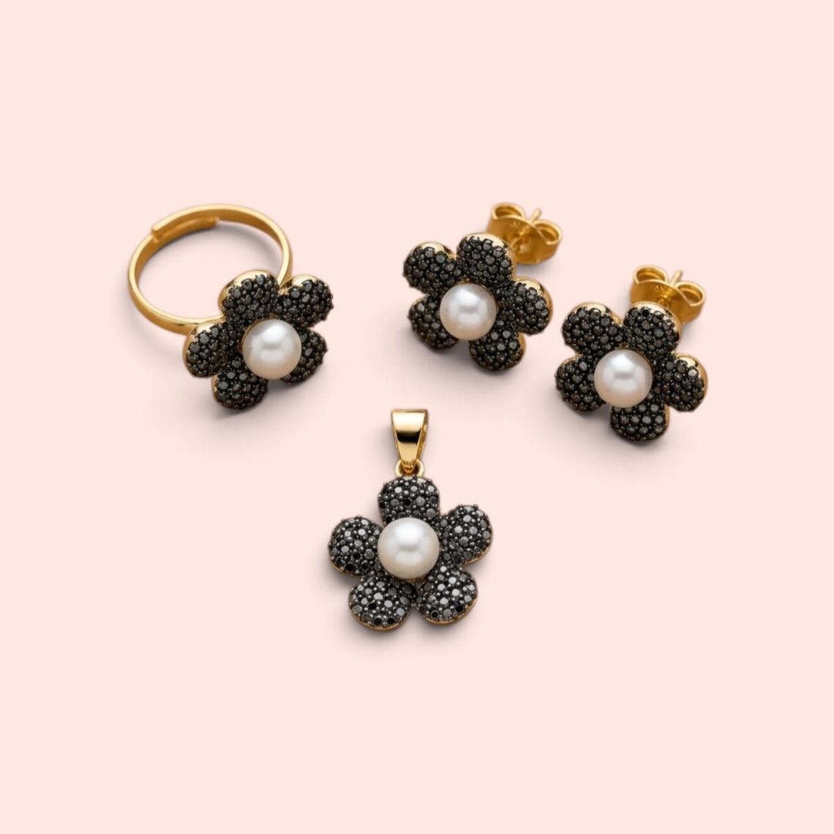 Ganga Jamuni Floral Jewelry Set – Black Crystal & Pearl Gold-Tone Earrings, Pendant & Ring