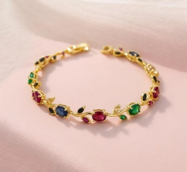 Gold Leaf Vine Bracelet | Ruby, Emerald & CZ Gemstone Chain