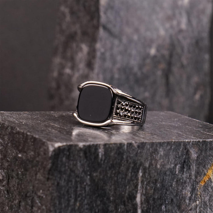 Men’s Black Square Signet Ring – Silver-Tone Geometric Statement Ring