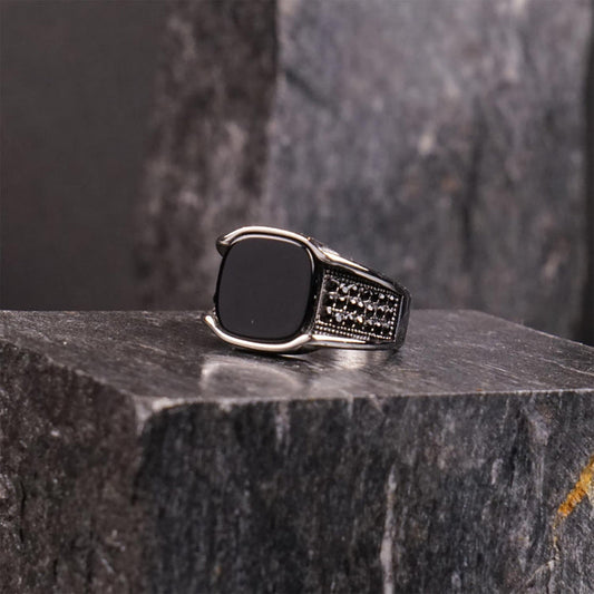 Men’s Black Square Signet Ring – Silver-Tone Geometric Statement Ring