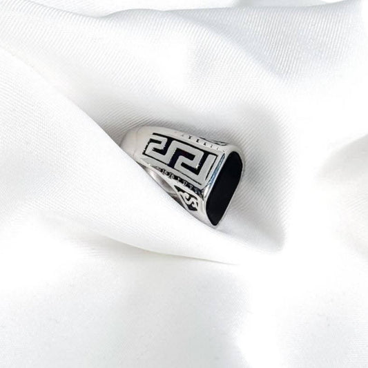 Men’s Square Black Gemstone Ring – Vintage Greek Key Signet