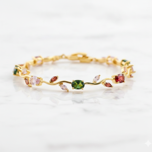 Gold Leaf Vine Bracelet | Ruby, Emerald & CZ Gemstone Chain