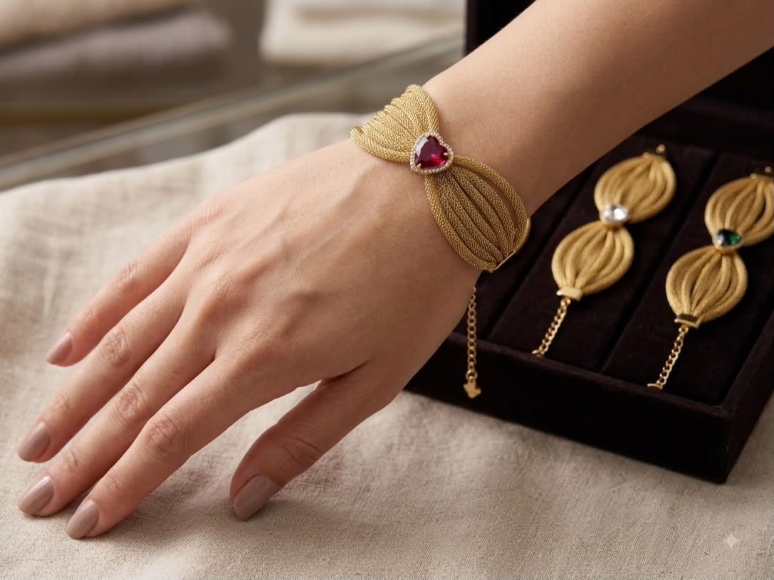 Gold-Tone Heart Crystal Bracelet with Red Gemstone