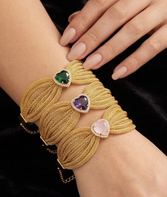 Gold-Tone Heart Crystal Bracelet with Red Gemstone
