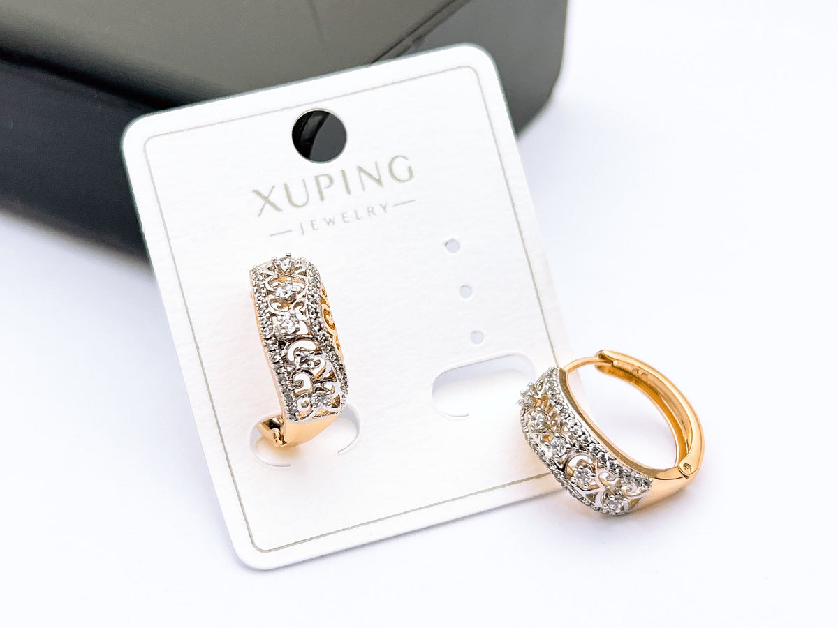 **Xuping Gold-Tone Embellished Hoop Earrings – Crystal Scroll Design Huggie Earrings**