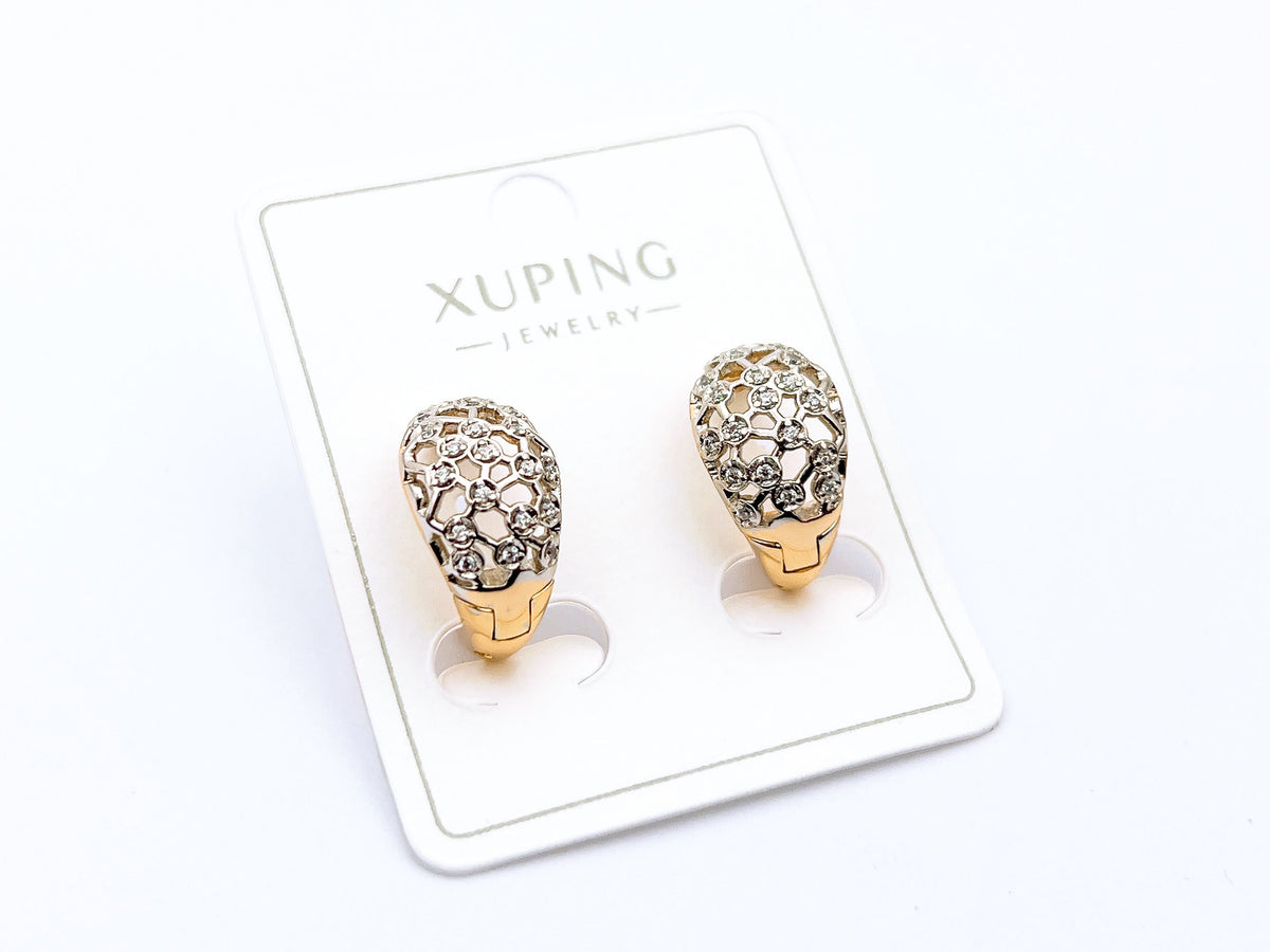 **Xuping Gold-Tone Crystal Statement Earrings – Elegant Rhinestone Dome Earrings for Women**