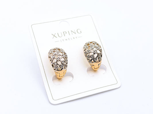 **Xuping Gold-Tone Crystal Statement Earrings – Elegant Rhinestone Dome Earrings for Women**