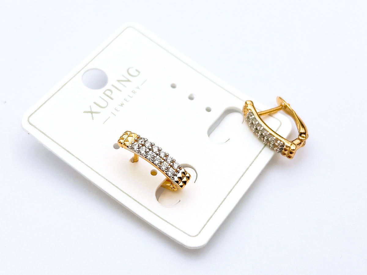 **Xuping Gold-Tone Crystal Bar Hoop Earrings – Elegant Rhinestone Huggie Earrings for Women**