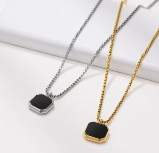 Men's Black Square Onyx Pendant Necklace – Stainless Steel titanium based Box Chain
