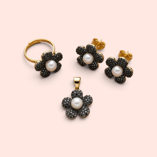 Ganga Jamuni Floral Jewelry Set – Black Crystal & Pearl Gold-Tone Earrings, Pendant & Ring